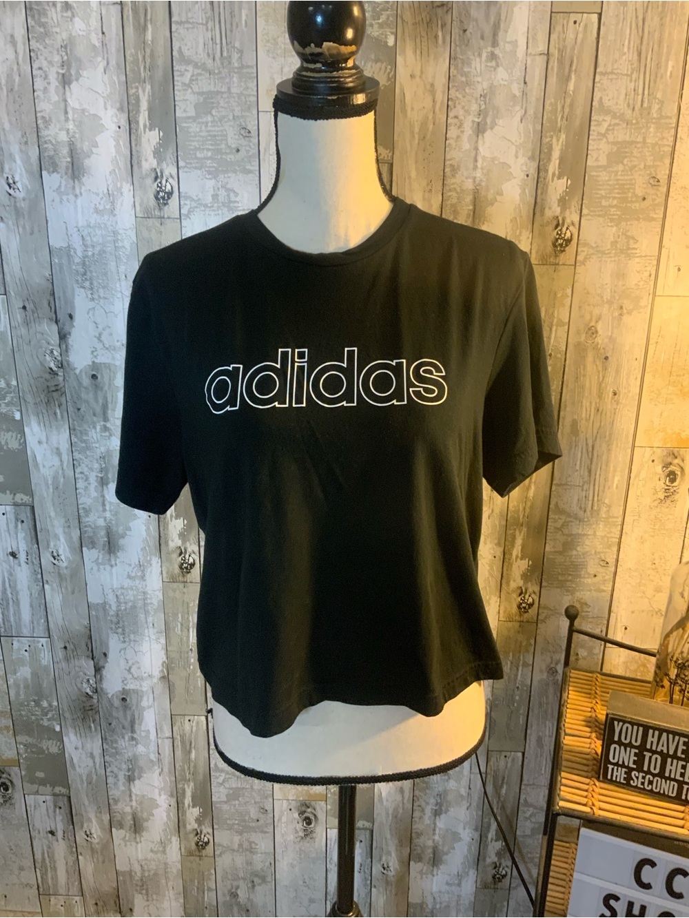 adidas Black Short Sleeve Logo Tee with White Outline